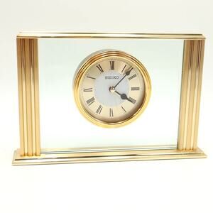 Seiko Floating Dial Alarm Desk Clock Brass Pillar Executive Glass Body 5" x 8"